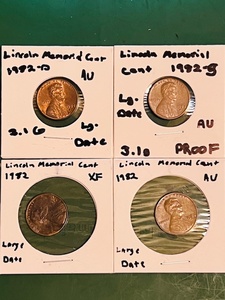 lot 161 image: 1982-D Lincoln Memorial Cent 3.1g Lg. Date, 1982-S 3.1g Lg. Date Proof, &amp Two (2) 1982s WLarge Date