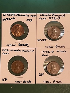 lot 173 image: Four (4) Assorted 1972 Lincoln Memorial Cents WCollar Break Errors