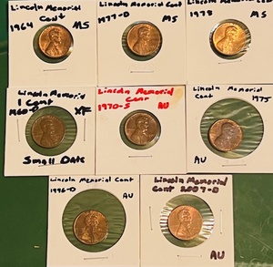 lot 177 image: Eight (8) Lincoln Memorial Cents - Three (3) Uncirculated 1964, 1977-D,&amp 1978 Four Almost Uncirculated 1970-S, 1975, 1996-D, &amp 2006-D One (1) 1969-D WSmall Date
