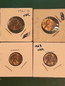 lot 179 image: Four (4) Uncirculated Lincoln Memorial Cents - 1961-D, 1962-D, &amp (2) 1963