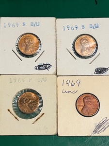 lot 190 image: Four (4) Uncirculated Lincoln Memorial Cents - 1964-P, 1969, &amp (x2) 1969-P