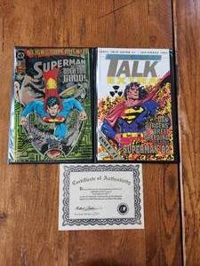 lot 9 image: Superman #82 Signed Brett Breeding & Dan Jurgens and Comic Talk Extra #1 - C.O.A - #2664 and hard cover