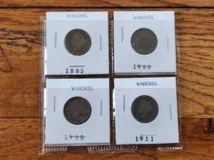 lot 112 image: Selection of V-Nickels - 1883, 1903, 1910, and 1911