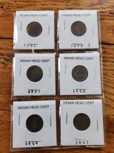 lot 107 image: Selection of Indian Head cents - 1881, 1890, 1901, 1903, 1904, and 1907