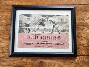 lot 8 image: Framed autographed menu from Jack Dempsey - unknown authentication