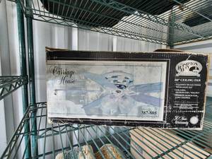 lot 131 image: Hampton Bay 52 ceiling fan with light kit - appears to have never been installed