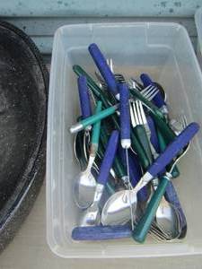 lot 110 image: blue and green handled kitchen silverware lot