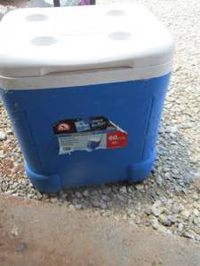 lot 119 image: blue igloo cooler with handle and wheels for easy to move access