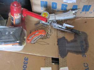 lot 190 image: hydralic jack,  screws, knife and more