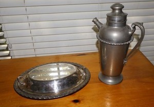 lot 35 image: Vintage LB silver plated cocktail shaker and silver plated covered relish dish with divided glass insert