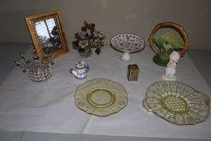 lot 20 image: Home dcor depression glass yellow plates, green pottery vase-signed, Leftons gold trimmed compote, jade flower pot, trinket box and more