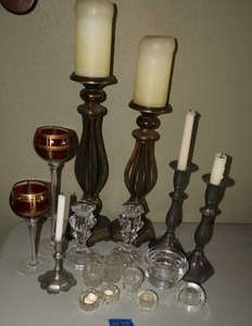 lot 22 image: Home dcor candle holders and red glass pedestal goblets