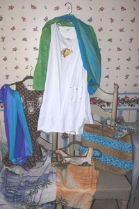 lot 47 image: NOSZ Beach tote bag (still with tag), Tommy Bahama silk shirts, sun dresses, scarf and skirt wrap