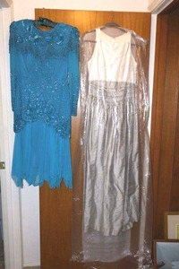 lot 49 image: Formal special occasion dresses Watters and Watters Gray and white 100% silk dress size 8 and Rezza Luna blue beaded dress size 10