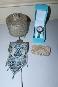 lot 57 image: Antique Mandalian enameled mesh purse, trinket box, music box, and bangle watch with gift box