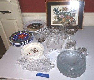 lot 58 image: Table serving dishes and plates vintage Baby dish, lacy milk glass plate, sugar bowl, Looney Tunes plates and more