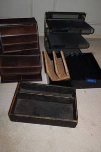 lot 60 image: Office paper trays, leather paper organizers and vintage wood box