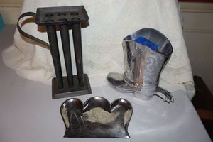 lot 80 image: Taper candle making mold, aluminum boot and vintage metal dust pan