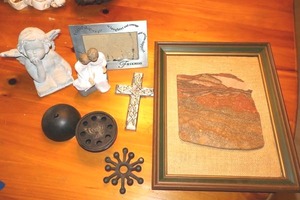 lot 77 image: Home dcor Vintage cast iron candle holders, menorah candle ball, Willow Tree figurine, Cherub figurine, and more
