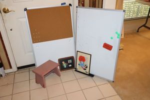 lot 75 image: White boards, step stool and handmade needlework picture of Raggedy Ann