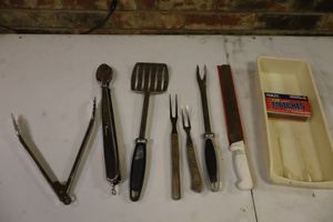 lot 158 image: Grilling utensils forks,  knives, spatula, tongs and matches