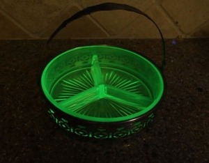 lot 7 image: Uranium glass divided relish dish with silver carrier