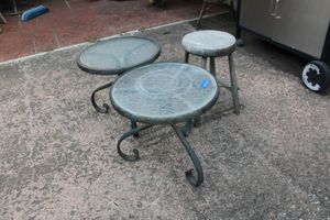 lot 140 image: Two patio side tables and wooden stool