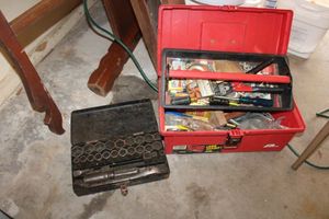 lot 317 image: Toolbox, tools, and vintage socket wrench set