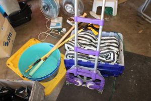 lot 335 image: Plastic buckets, collapsible aluminum dolly, steel grip grabber, tote with striped blanket