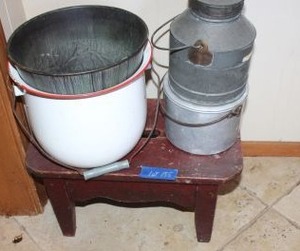 lot 155 image: Vintage metal buckets and wooden step stool