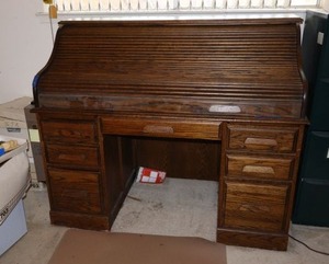 lot 251 image: Roll top Desk - 54W x 29D x 29.5H desk x 45H back HEAVY (BRING HELP TO REMOVE)