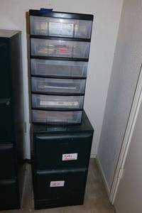 lot 247 image: 2 drawer file cabinet and plastic storage drawers with contents