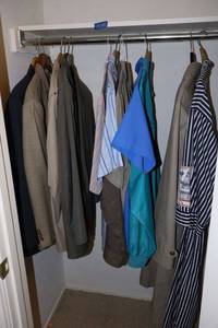 lot 255 image: Mens suit jackets (size 43 and 44), shirts, rain coat and Nautica robe
