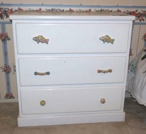 lot 229 image: Bedroom dresser 36.5W x 19D x 36H. Painted white with fish drawer pulls