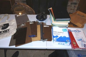 lot 254 image: Office supplies clipboards, copy paper file holders, clips, and wood trays