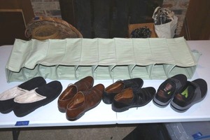 lot 120 image: Mens shoes with closet hanging shoe holder, see photos. Leather shoes size 9, Skechers size 10
