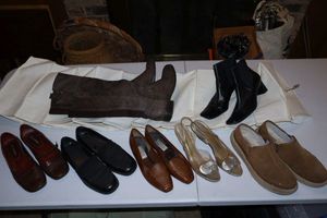 lot 132 image: Womens shoes, boots and hanging closet shoe holder. Uggs size 10, Enzo Angiolini leather shoes size 9, Cherokee boots size 10 and more