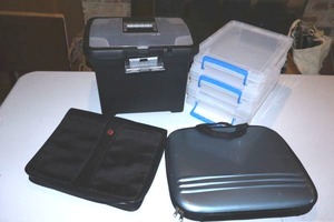 lot 118 image: Office storage boxes, portable file holder, hard case file carrier, and Swiss zippered organizer