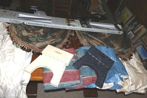 lot 112 image: Curved shower rod in box, step stools, curtains and valances