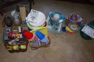 lot 144 image: Fish serving plates, plastic cups, plates and flatware, plus glass vases