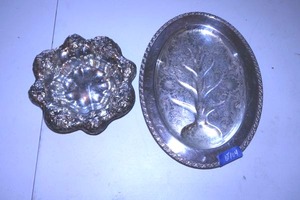 lot 104 image: Silver plated footed tray with tree emblem and Quadruple plate bowl