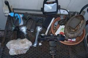 lot 138 image: Garden hose nozzles, quartz rock, Clamp light, and metal bowl