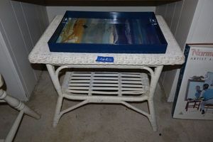 lot 212 image: White wicker table plus wooden serving tray