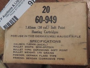 lot 982 image: 7.65  (30 CAL.)  FOR USE IN GERMAN M91 MAUSER    QTY 20     60949 hunting cartridges   SEE PICS
