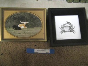 lot 75 image: long horn and a crab framed pictures