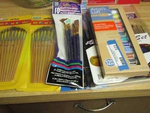 lot 323 image: new paint brushes and acrilic paints