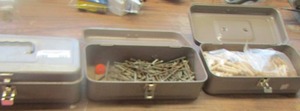 lot 523 image: 3 metal boxes including in them is - nails- screws- wooden dowls
