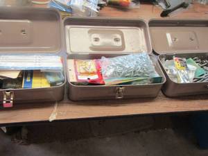 lot 524 image: 3 metal tool boxes including chains, dog snaps, stick pins , nuts bolts and screws