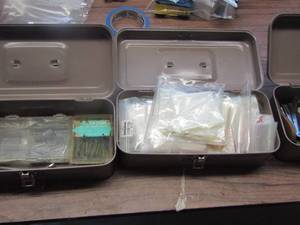 lot 532 image: 3 metal boxes including  small zip bags- stapler- screws and nails