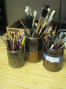 lot 624 image: qty 3 canisters that holds color pencils, paint brushes, pens and more